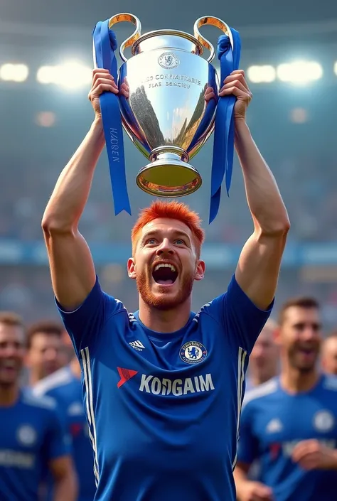 Man with short red hair who is white and has a Chelsea shirt and is lifting the Champions League