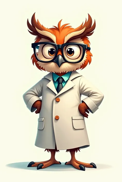 logo, owl, cartoon, with big lab coat that is touching the floor, brown feathers, owl that is a scientist, chemistry,