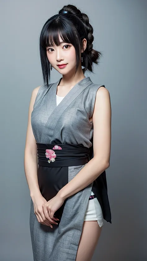 Vivid,Normal chest,(((between legs))),cute,(Detailed face),Edo period,Ultra-high resolution,（Photorealistic：1.7）,Black Hair,Gray background,