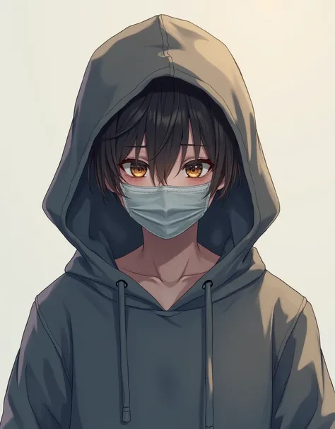 create a male anime character, wearing a sweatshirt with a hood, This anime character must have brown eyes and will be wearing a mask that only covers the mouth., this character appears to be sad, high quality, master piece