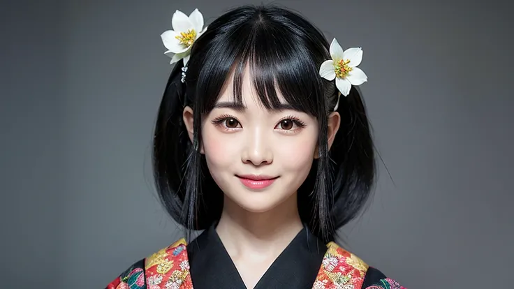 Vivid,cute,(Detailed face),Edo period,Ultra-high resolution,（Photorealistic：1.7）,Black Hair,Gray background,
