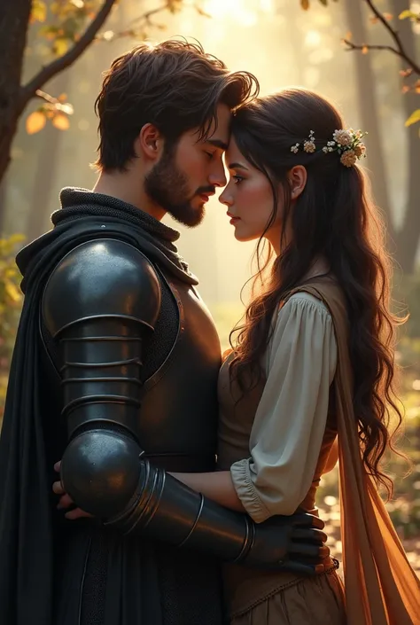 Young knight with dark brown hair down to his shoulders, a semi-shaven beard and short gray eyes wearing black armor with gray details next to a young maiden of 16 years of age, short in stature with long brown hair, pale skin and pink lips, golden eyes wi...