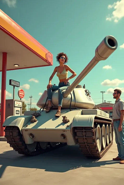 photorealism:1.2), A funny scene at a gas station with a woman riding a unique tank that looks like a dick while a cheerful gas station attendant looks on.. The tank was parked at a gas station with a sign that said &#39;happy viewing&#39;, which indicates...