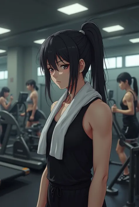 The sound of weights being lifted and treadmills moving fills the room.. aiko, 1, is finishing his training. She wears a black gym clothes set, fair and functional, with a white towel hanging around his neck. Her black hair, tied in a ponytail, are wet wit...