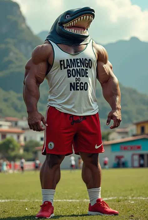 Muscular man with a black whale face with white details on his face wearing a tank top with the words Flamengo Bonde Do Nego written on it, red shorts with the words freedom written on them, wearing red Nike sneakers and in the background a soccer field in...