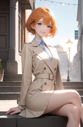 （masterpiece、Best Quality、４k,８k、）、Intricate details（thin、（（thin））、beautiful girl、White skin、Sharp jawline、Beautiful detailed eyes、Light orange short hair、Beautiful feet、smile）、オレンジ色のハイヒール靴を履いたbeautiful girl、sitting cross-legged on the church steps、Shoes cl...