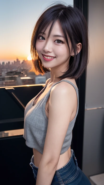 x mix girl,One Girl, Fisheye Lens, Selfie, wind, Disheveled Hair, sunset, Cityscape, (Aesthetics and atmosphere:1.2), Gray Hair,smile, Movie Girl, Short top shirt, Opened my chest wide, 