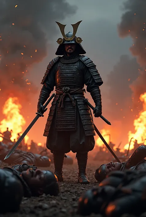 A samurai standing and holding his sword, surrounded by corpses of samurai fighters, flames and sparks in the night