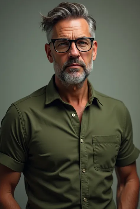 A man with olive green shirt and black glass