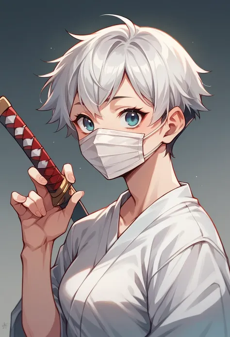 Cute and hot anime person with a mask, This person have a white short hair, with a katana, with a litle dres