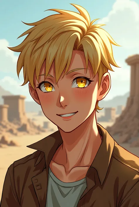 solo, Smile, short hair, bang, blonde hair, simple background, yellow eyes, happiness, Bright pupils, Strictness, Boy, 25 years,apocalypse, 