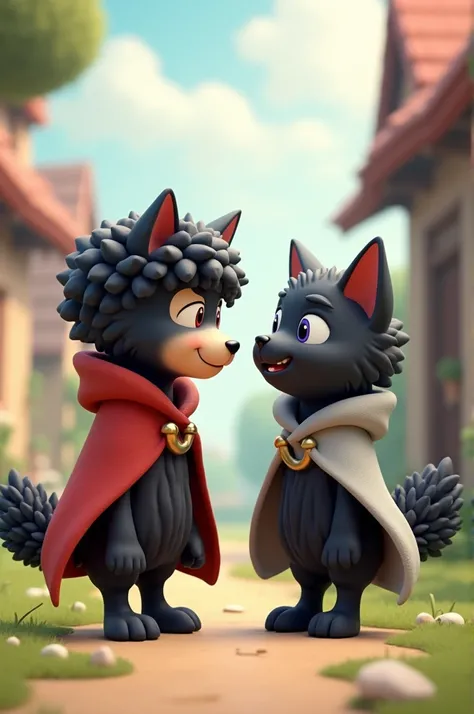 Black sheep and black cat dressed as wolves. 3D anime caricature