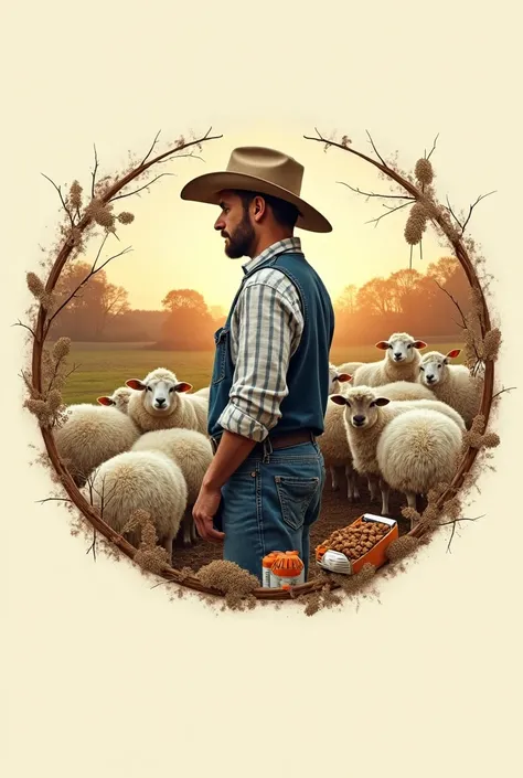 create a round profile picture with a picture of a sheep, sheep medicine, sheep injections, sheep feed, pencil, cell phone, book, breeder, farm with a coboy hat
