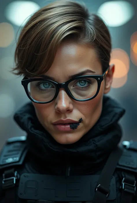 Beautiful girl with light brown hair and a masculine cut, light blue eyes, glasses, dressed as a SWAT without a helmet, big scar on the mouth.