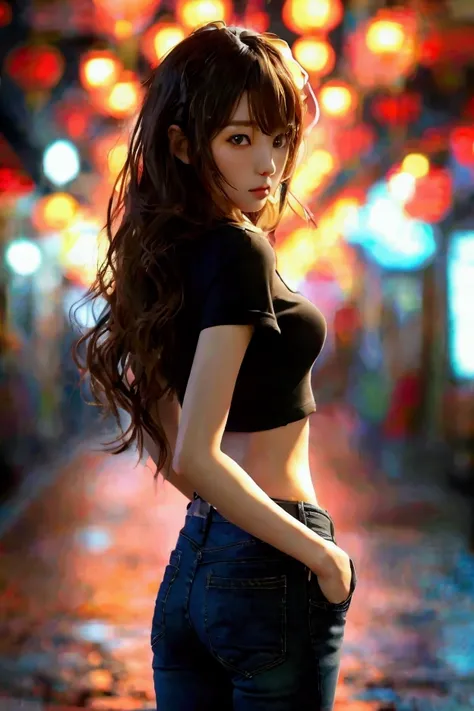 Asian girl wearing tight jeans and black boots. Look from behind. Looks at the camera. Hairnwith brown highlights. Whole body view.