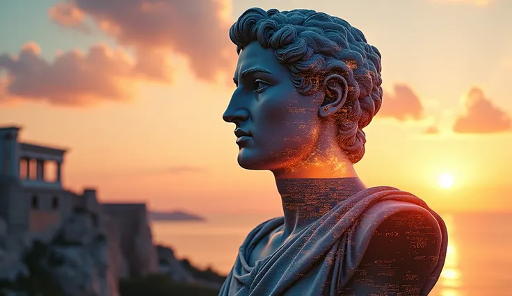 high quality, 8K Ultra HD, A beautiful double exposure that combines an greek philosopher bust silhouette with futuristic electronics backdrop, sunset coast should serve as the underlying backdrop, with its details incorporated into the goddess , crisp lin...