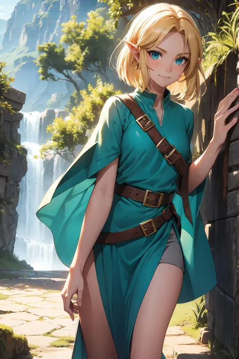 ((Full-length)), ((uncropped)), professional art commission, genderbent (Link from Legend of Zelda), thick arched eyebrows, big pointy nose, messy short blonde hair, sly smile, extremely detailed blue eyes, (blushing cheeks), broad shoulders, ((flat cheste...