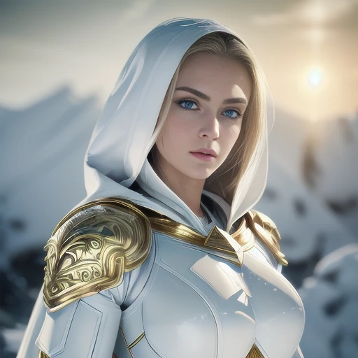 ((No NSFW)), Masterpiece, Best Quality, High Resolution, Golden Ratio, Perfect Anatomy, 2 girl, In a white battle suit, White armor covering the entire body, generous cleavage, Long flowing cloak, thigh gap, Finely detailed face and eyes, beautiful and aes...