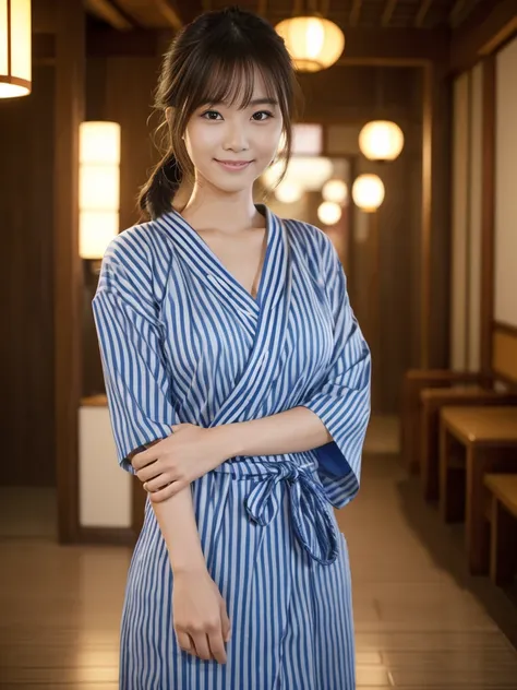 Cowboy Shot, (Mid-autumn Date), 
break, 
((Striped yukata without obi:1.2)), 
break, 
View your viewers, Japanese female university student, (One Woman:1.2), She is very beautiful, Glowing Skin, Perfect Face, Cute and symmetrical face, 
break, 
Light Brown...