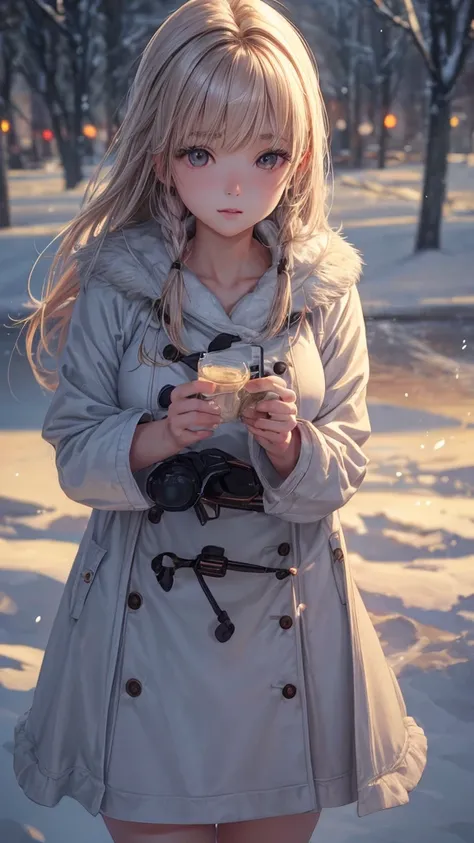 realistic photos oF (1 cute Korean star) Shoulder-length hair, Light makeup, Medium breast size, Wearing a coat, In the snow, clear Facial Features, 8k high resolution, Crisp, lifelike details.From outside, Eye level shooting, F/4.0, 135 mm, Fujifilm, jpeg...