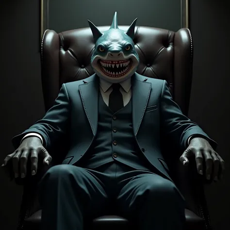 Shark man sitting furiously sitting on a leather chair and he is wearing a suit. not anime style