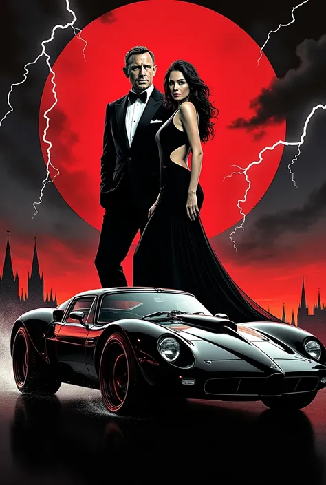 James Bond movie poster with bond girl Aston Martin classic Batmobile style lightning bolts/dc in black and red 