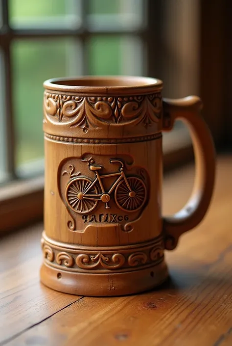 Photo of an artistic wooden mug with 3D carvings, on it a small bicycle and on the bottom of the mug, clearly written "GAFAX STORE CO", decorated with amber accents, masterpiece of art, visually stunning, intricate details, sharp focus, 55mm f/1.8 lens, sh...