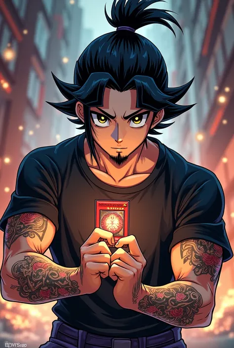 yugioh anime style young man with black hair tied in a samurai bun, black t-shirt, tattoos covering his arms. In your hands you have a Yugioh card. beard covering all face medium goatee