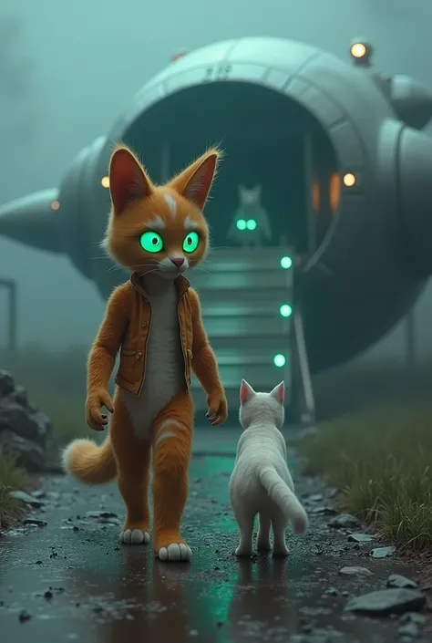 roy, A young boy who has been transformed into a humanoid feline by aliens, walks with his cat Max, orange and white fur, towards an alien ship. roy, now with orange and white fur, big cat ears, a fluffy tail, and green eyes glowing from being under the co...