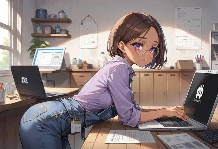 1girl, from side, side view, imminent penetration, imminent sex, black penis, bending over, using a laptop, dark skin, brown skin, round glasses, beautiful purple eyes, purple shirt, long sleeves, denim overalls, rolled eves, brown hair, short hair, parted...