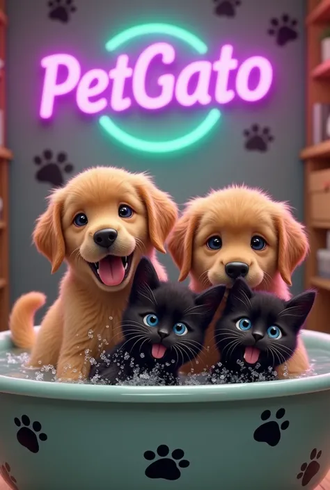 Golden retrievers and black kittens taking a bath in a pet shop, with a large sign that says PETGATO in purple and green LED with black paws around the sign