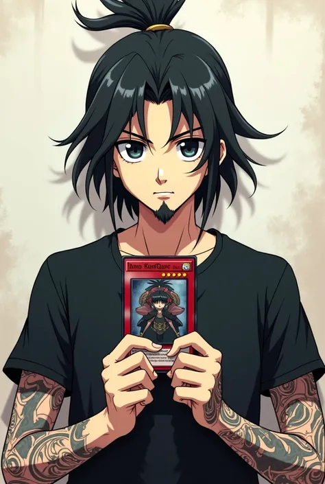 anime style young man with black hair tied in a samurai bun, black t-shirt, tattoos covering his arms. In your hands you have a Yugioh card. beard covering all face medium goatee