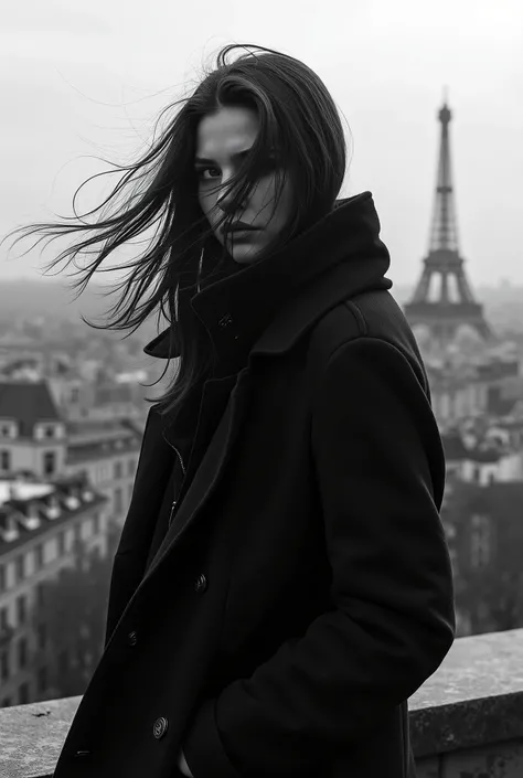 a russian girl standing in the rooftop, paris city as background, sad face, wind blows her hair roughly, her face barely seen, cinematic lighting, style in moody black and white. 