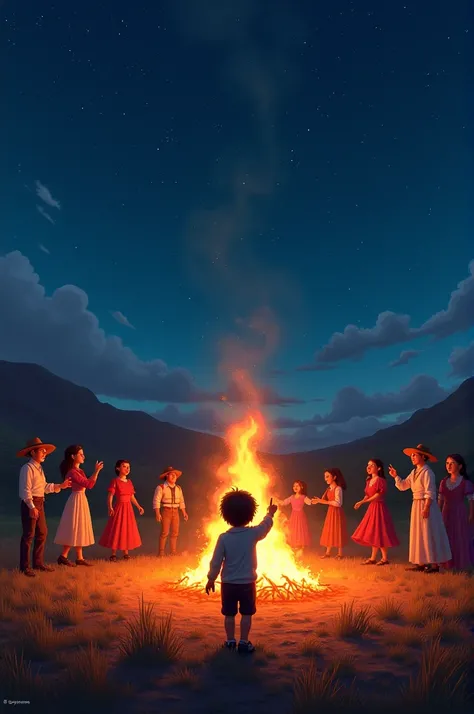 An Argentine field with a large bonfire and around it Argentine gauchos and countrywomen singing and in the foreground a child with his back turned pointing towards the sky