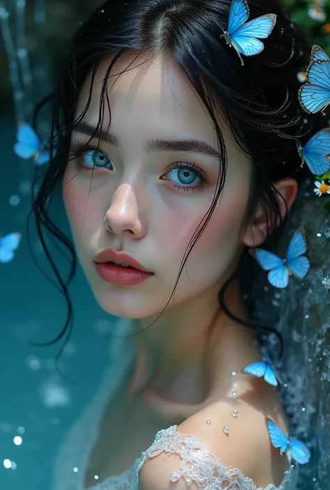 creates an extraordinary fairy-tale-like close-up image of an extremely beautiful and sexy WOMAN with European features and piercing blue eyes, he would be, seductive, She like a nymph in a lagoon.. without clothes, Her hair is very wet, Her dark hair fall...