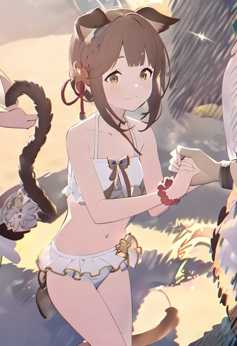 masterpiece、pretty girl、granblue fantasy、vajra、cat ears and tail、cute single tusk、very small breasts、brown hair、an innocent smil...