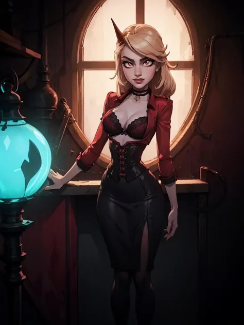 chariedemonic, charlie morningstar, pencil skirt, red lace bra, masterpiece, full-body-shot, neon lighting, dark romantic lighting, high contrast, highly detailed, detailed face, gradients, colorful, detailed eyes, detailed landscape, natural lighting, sol...