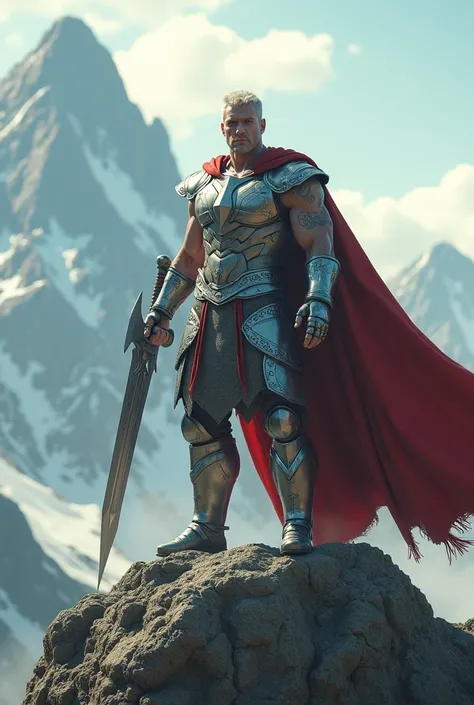 Male character. high. athletic body, strong, 110 kg. Short white hair. light gray eyes. Wears silver leather armor. A torn, red cape. He holds a claymore. He is in an open field, top of a mountain, at the height of the clouds. Sunbeams pass through the clo...