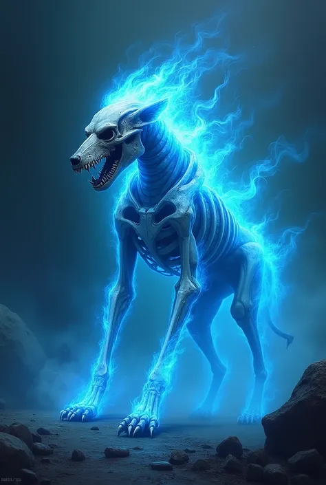 Skeletal Hellhound, covered in topaz blue flames 