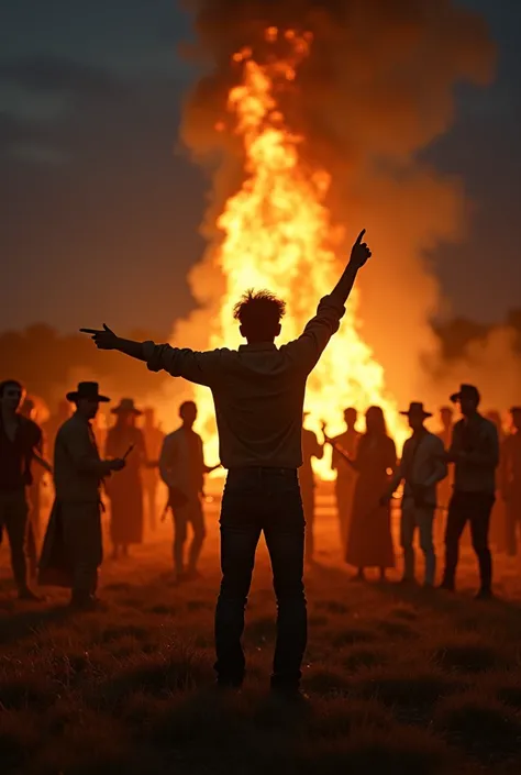 An Argentine field with a large bonfire and around it Argentine gauchos and countrywomen sitting on logs singing and in the foreground a teenage man with his back turned pointing towards the sky