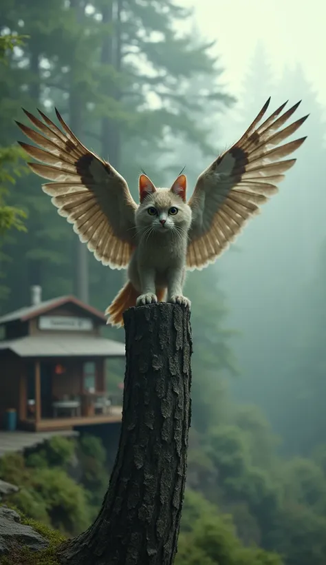 A hybrid of a cat and a white owl, A little owl with a cat&#39;s head and cat&#39;s hind legs spreads its wings, Standing on top of a big tree outside a cafe in the woods, In the fog, Very clear and detailed, Perfect texture for your location, Blurred Back...