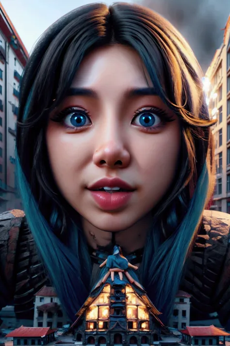 a beautiful asian girl with blue curly hair and blue eyes devouring a man and destroying a city