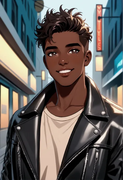 (masterpiece:1.2), (best quality, sfw), (ultra detailed), (8k, 4k, intricate),(closeup-shot:1), (highly detailed:1.2),(detailed background:1.2),((dark skin, handsome face,plump lips, smiling)) (((black:0.75,yellow:1.2, crimson:0.5))) a close up of a person...