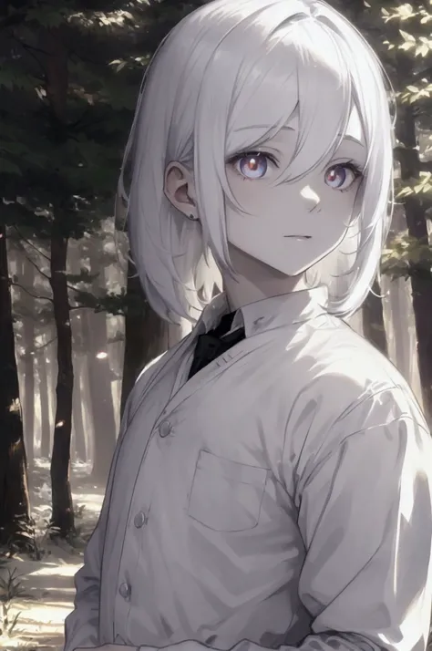 A 2 young man with white skin and white hair, following little magical lights through the forest