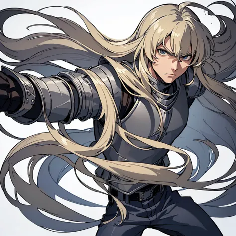 ((((Solo))))、Best Quality, Best Quality, Best illustrations, (((Grey Armor)))、(((Blond long hair man、Long-haired man、male、2、Cool guy)))、(Medieval Knight)、(Navy blue trousers)、(Irritated)、(Living in the desert)、(White background)、run、(Various poses)、(attack...