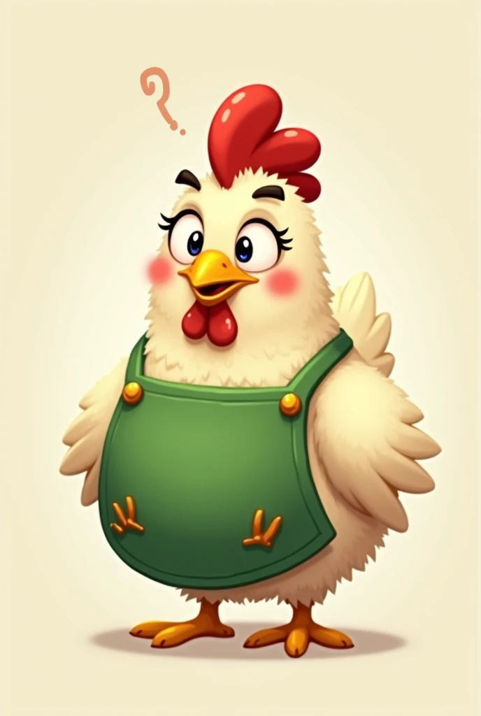 ANIMAL A CARTOONIZED HEN WITH A GREEN APRON AND A QUESTIONING FACIAL EXPRESSION
