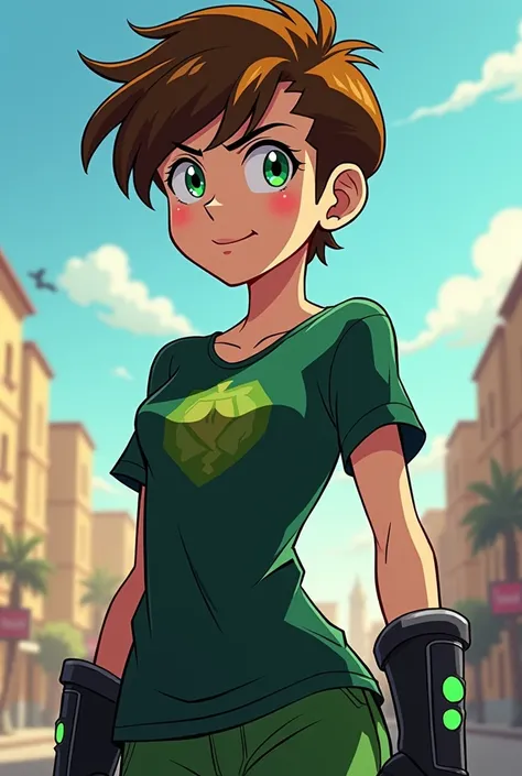 Ben 10 as a tomboy women in shirt , short hair. anime 
