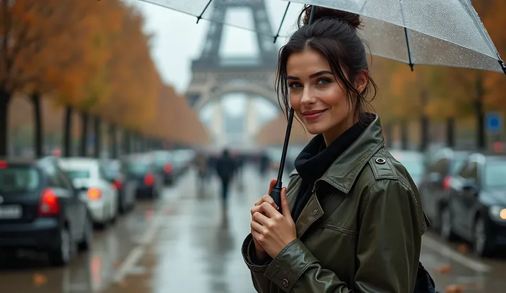 French street, Paris, Eiffel tower, fall season, fall foliage colors, dead leaves, gorgeous mature French woman, brunette, green eyes, messy bun, wrapped in a trench coat, holding an umbrella, (((heavy rain))), wet clothes, wet hair, (loving gaze), smile