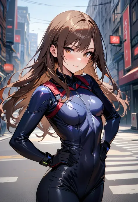 (masterpiece, best quality:1.3), A young woman, 19-years-old, solo, Caucasian, (long wavy dark brown hair, no bangs:1.1), brown eyes, confident smile, dark blue superhero suit, black gloves, hands on hip, city