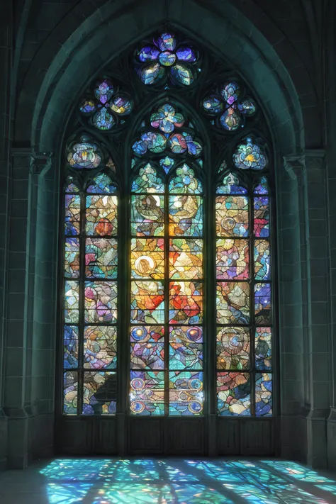 Close-up of stained glass windows of buildings at night, blue light and shadow reflected by glass, Gothic stained glass style, exquisite carved columns, Gothic columns, church walls, more wall texture details, mysterious cathedral windows, stained glass wi...